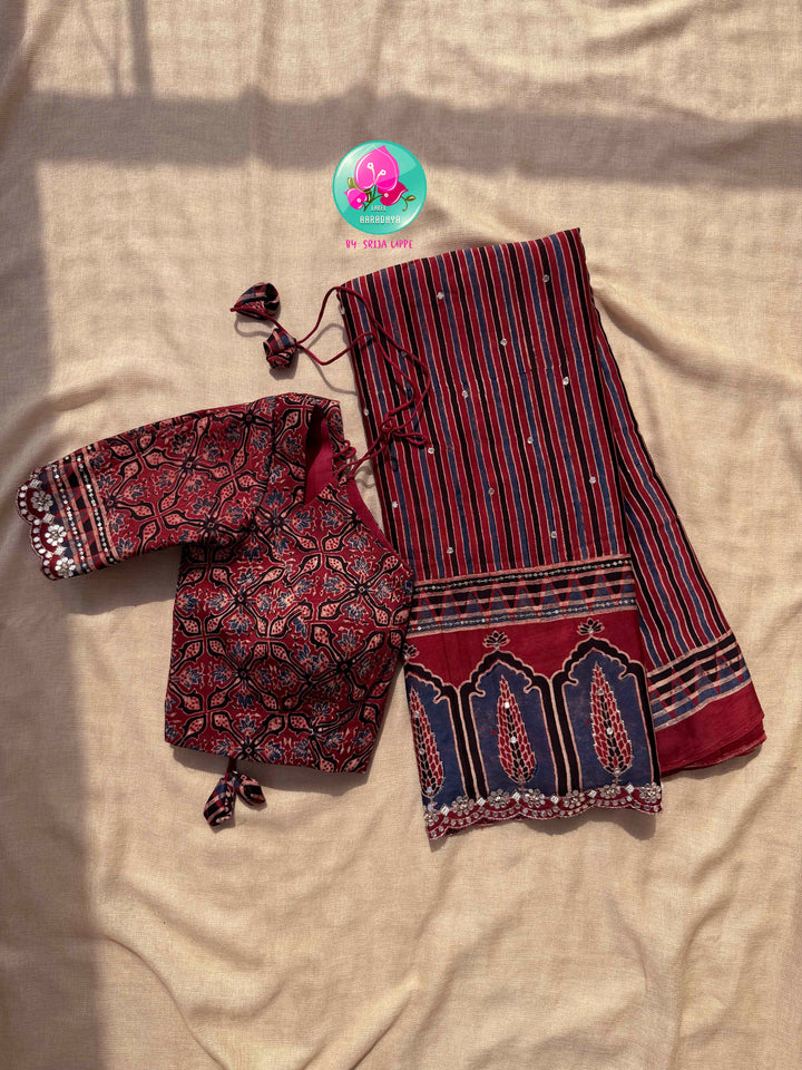Desert Geometry & Starlit Shimmer: Pure Modal Silk Ajrakh Saree with Scalloped Artistry Paired with stitched blouse