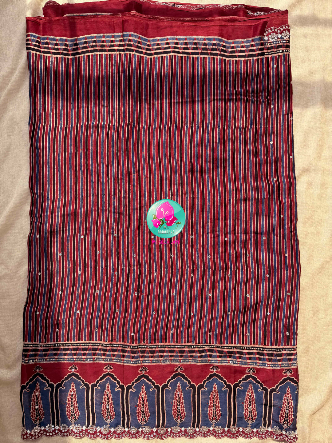 Desert Geometry & Starlit Shimmer: Pure Modal Silk Ajrakh Saree with Scalloped Artistry Paired with stitched blouse