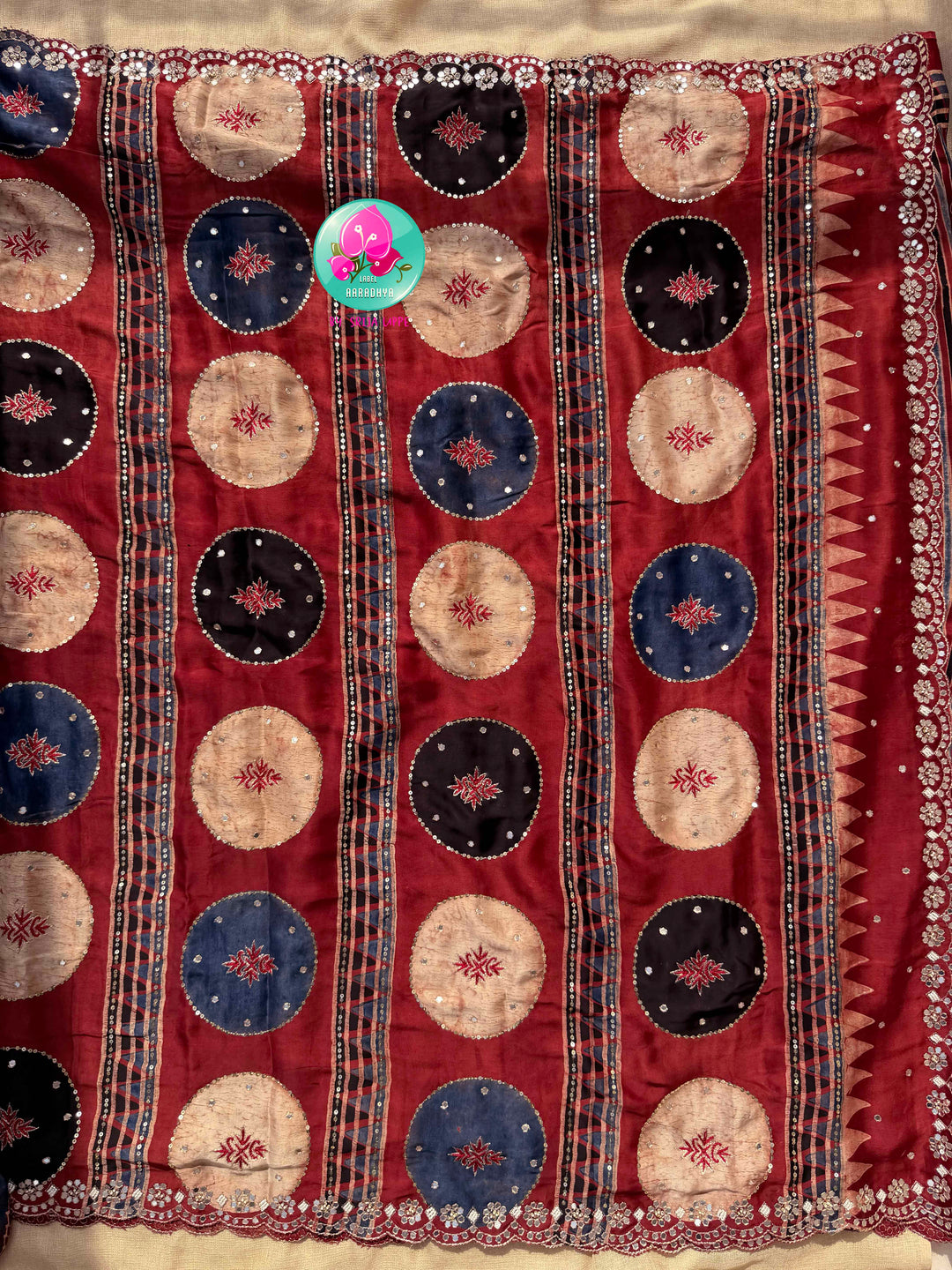 Desert Geometry & Starlit Shimmer: Pure Modal Silk Ajrakh Saree with Scalloped Artistry Paired with stitched blouse
