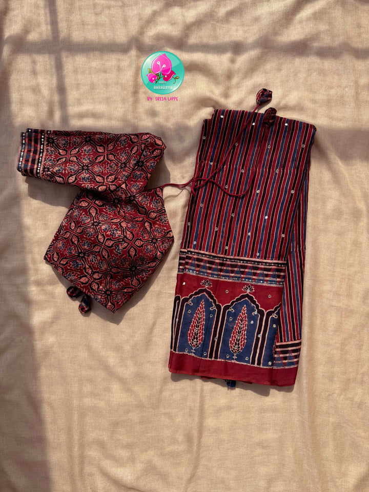 Indigo Geometry & Desert Stars: Pure Modal Silk Ajrakh Saree with Hand-Worked Mirrors