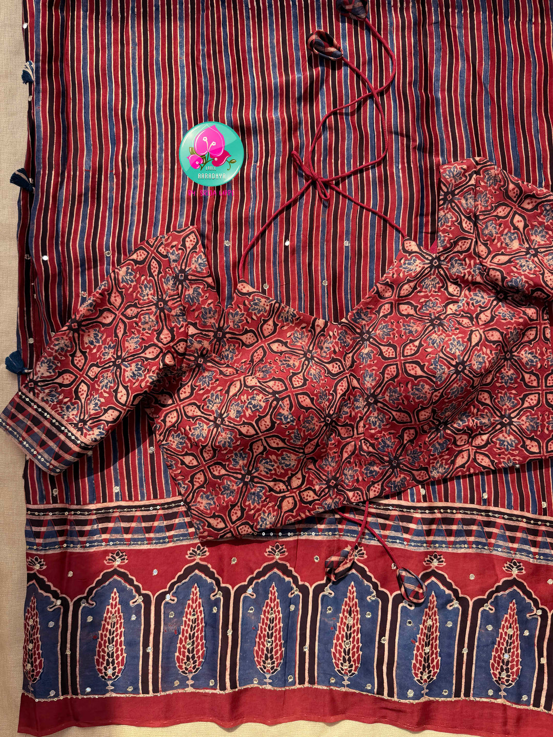 Indigo Geometry & Desert Stars: Pure Modal Silk Ajrakh Saree with Hand-Worked Mirrors