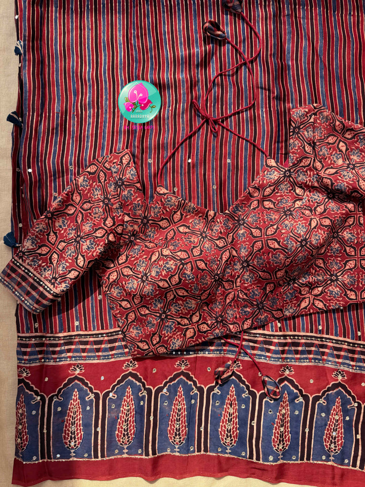 Indigo Geometry & Desert Stars: Pure Modal Silk Ajrakh Saree with Hand-Worked Mirrors