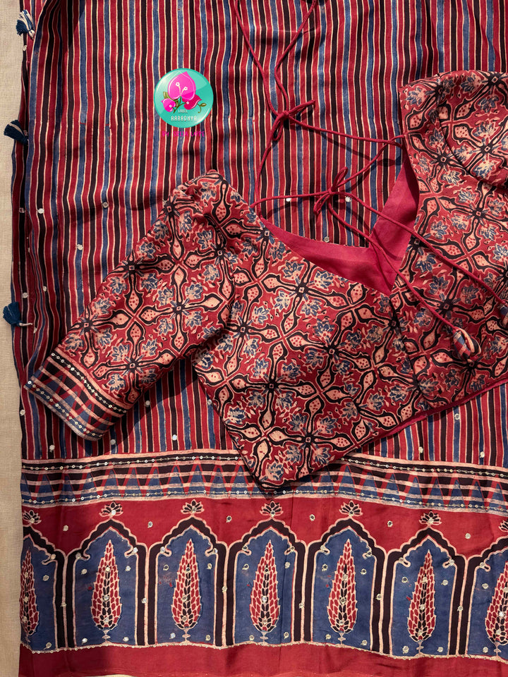 Indigo Geometry & Desert Stars: Pure Modal Silk Ajrakh Saree with Hand-Worked Mirrors