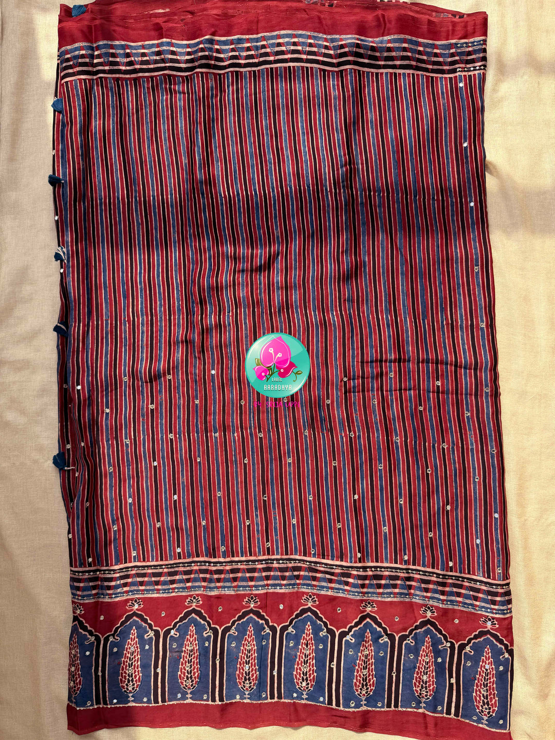 Indigo Geometry & Desert Stars: Pure Modal Silk Ajrakh Saree with Hand-Worked Mirrors