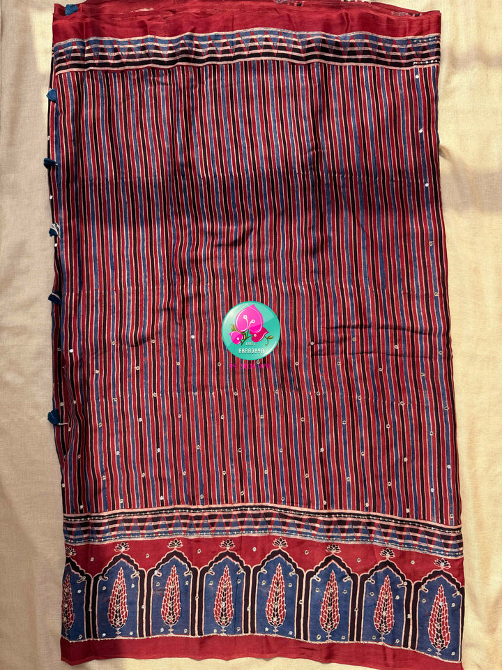 Indigo Geometry & Desert Stars: Pure Modal Silk Ajrakh Saree with Hand-Worked Mirrors