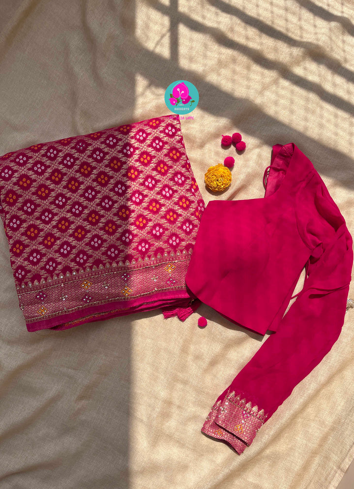 Hand embroidered georgette saree in Bandhani style with designer blouse