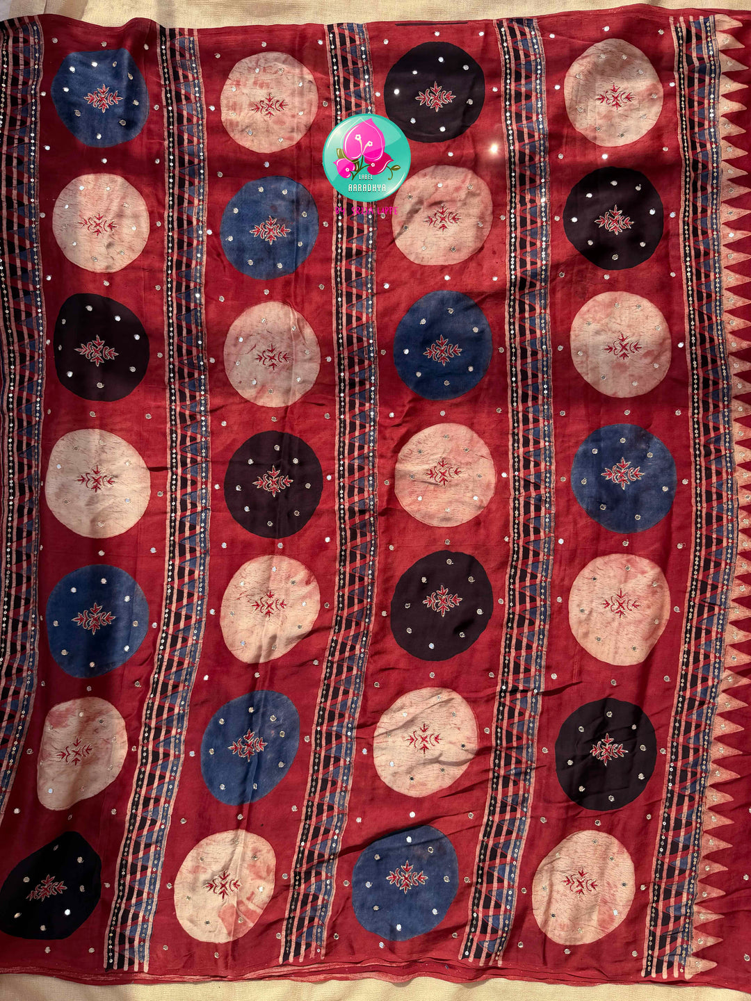 Indigo Geometry & Desert Stars: Pure Modal Silk Ajrakh Saree with Hand-Worked Mirrors