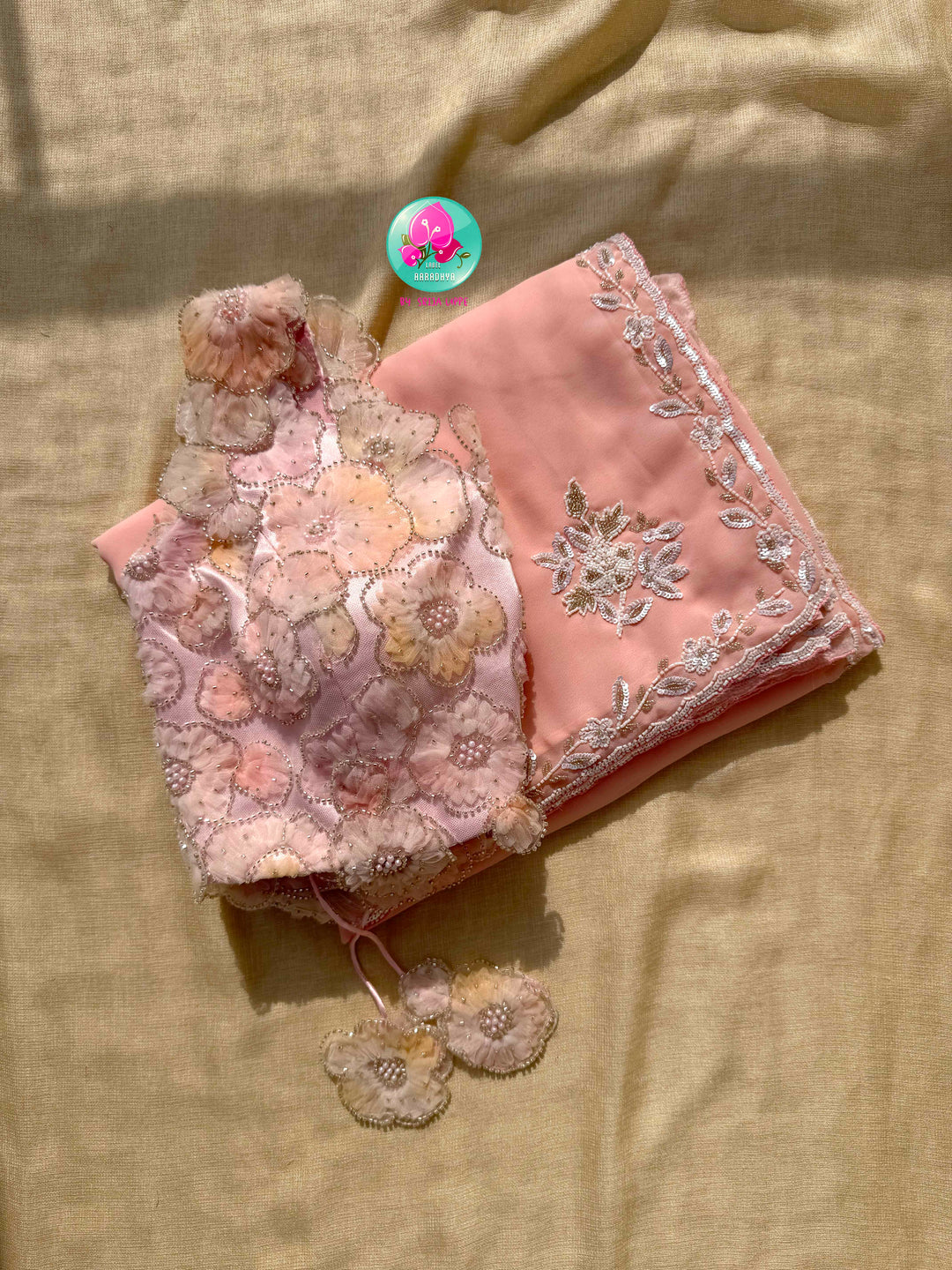 The Peach Macaron Whisper: Hand-Embroidered Georgette Saree with Embellished Net Artistry
