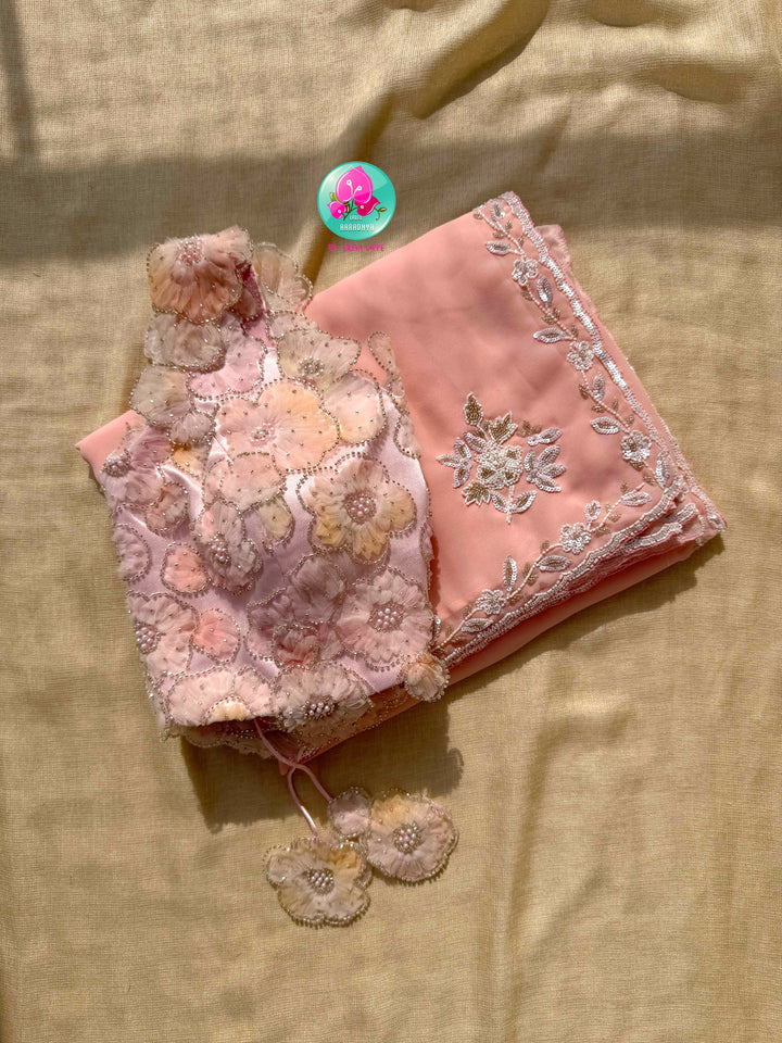 The Peach Macaron Whisper: Hand-Embroidered Georgette Saree with Embellished Net Artistry