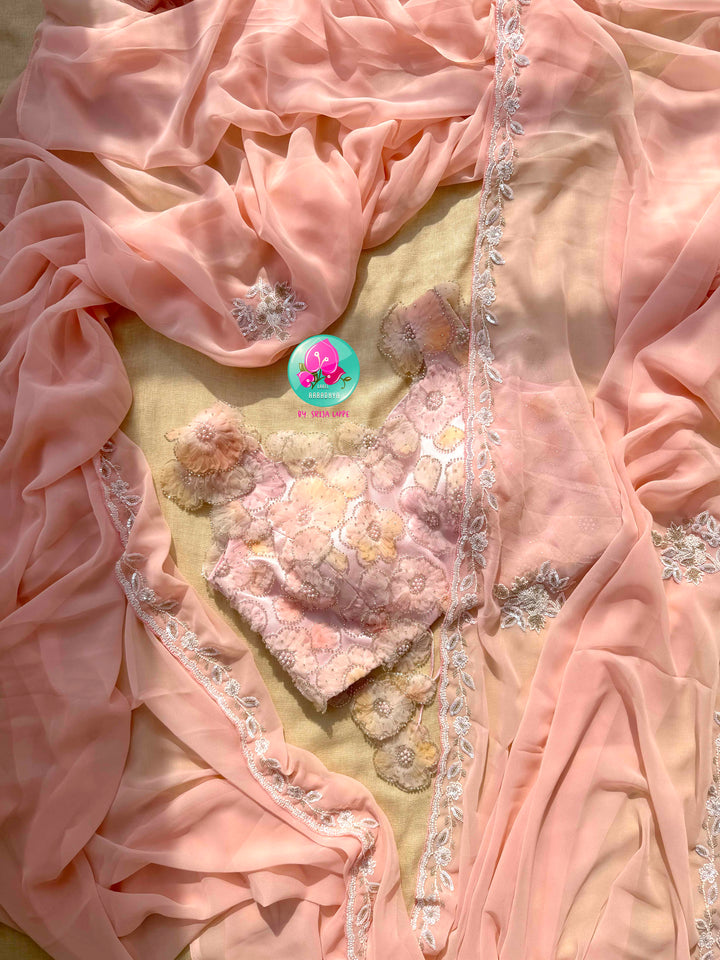 The Peach Macaron Whisper: Hand-Embroidered Georgette Saree with Embellished Net Artistry