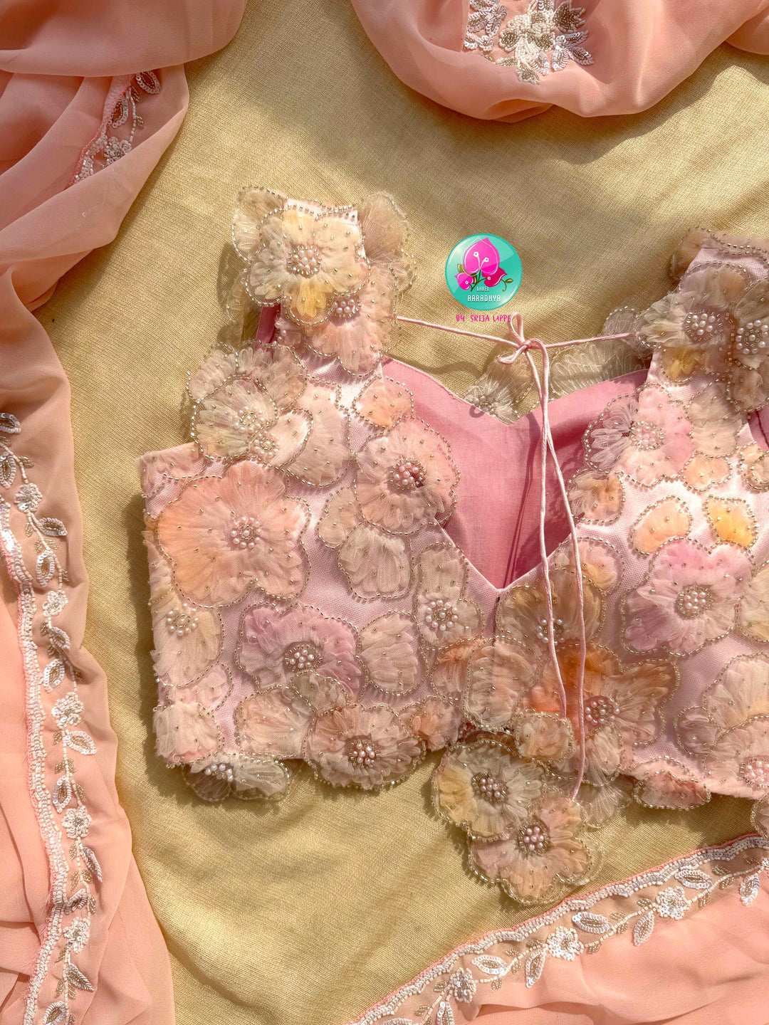 The Peach Macaron Whisper: Hand-Embroidered Georgette Saree with Embellished Net Artistry