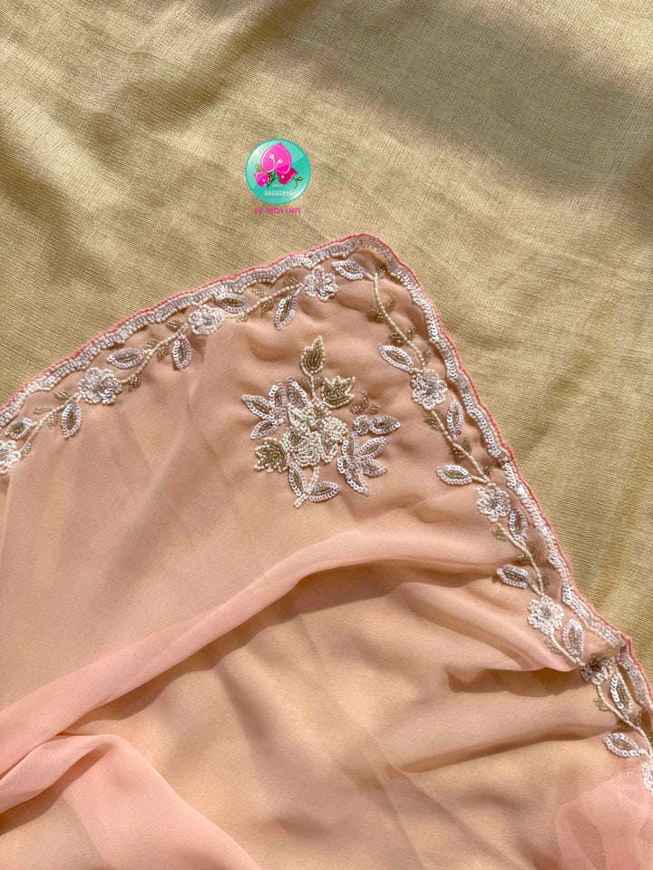The Peach Macaron Whisper: Hand-Embroidered Georgette Saree with Embellished Net Artistry