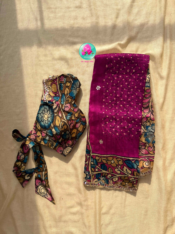 The Magenta Bloom: Semi Tussar Kalamkari & Bandhani Fusion Saree with stitched blouse