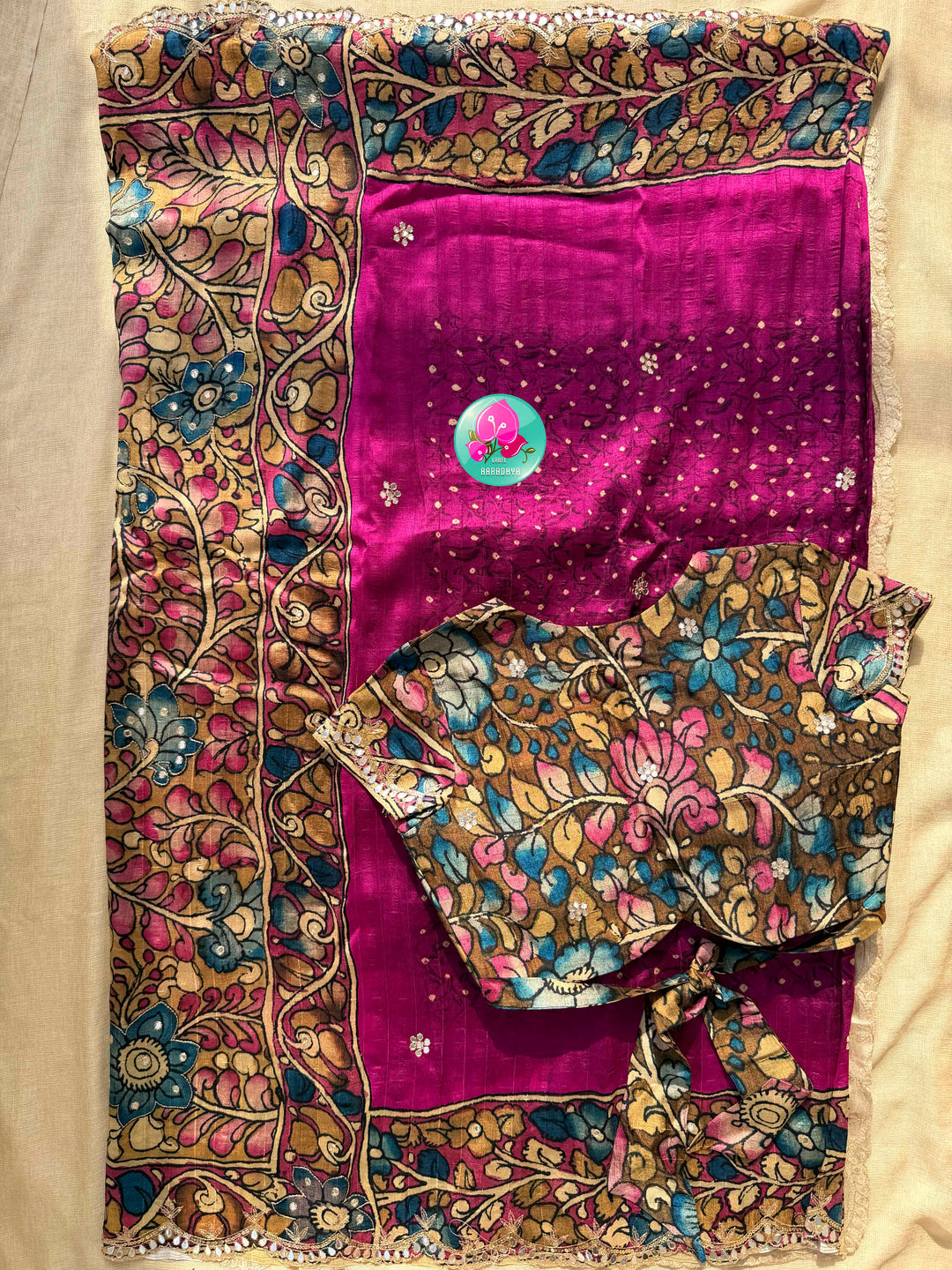 The Magenta Bloom: Semi Tussar Kalamkari & Bandhani Fusion Saree with stitched blouse