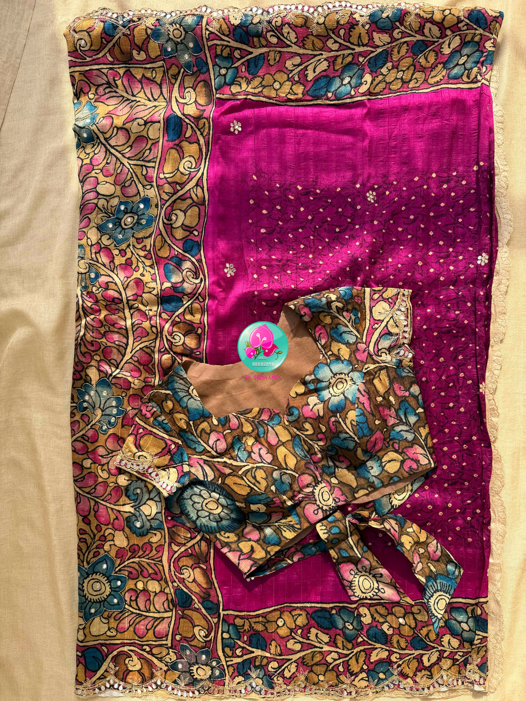 The Magenta Bloom: Semi Tussar Kalamkari & Bandhani Fusion Saree with stitched blouse
