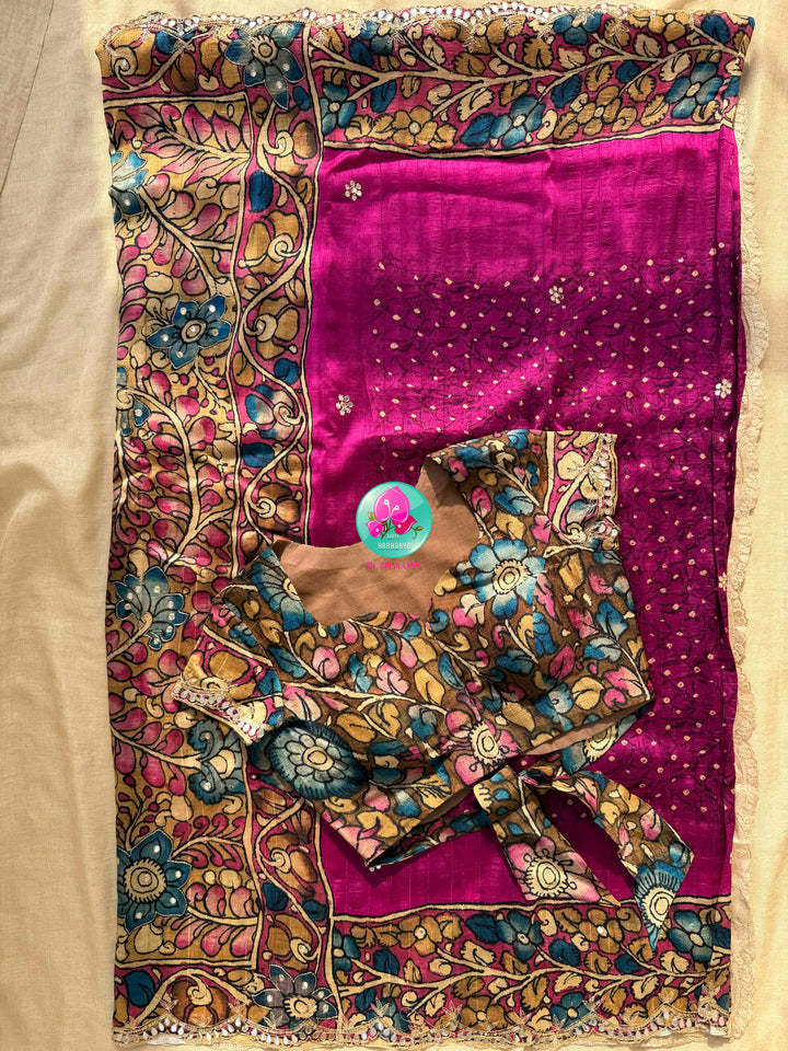 The Magenta Bloom: Semi Tussar Kalamkari & Bandhani Fusion Saree with stitched blouse