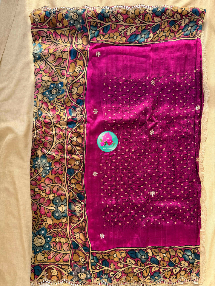 The Magenta Bloom: Semi Tussar Kalamkari & Bandhani Fusion Saree with stitched blouse