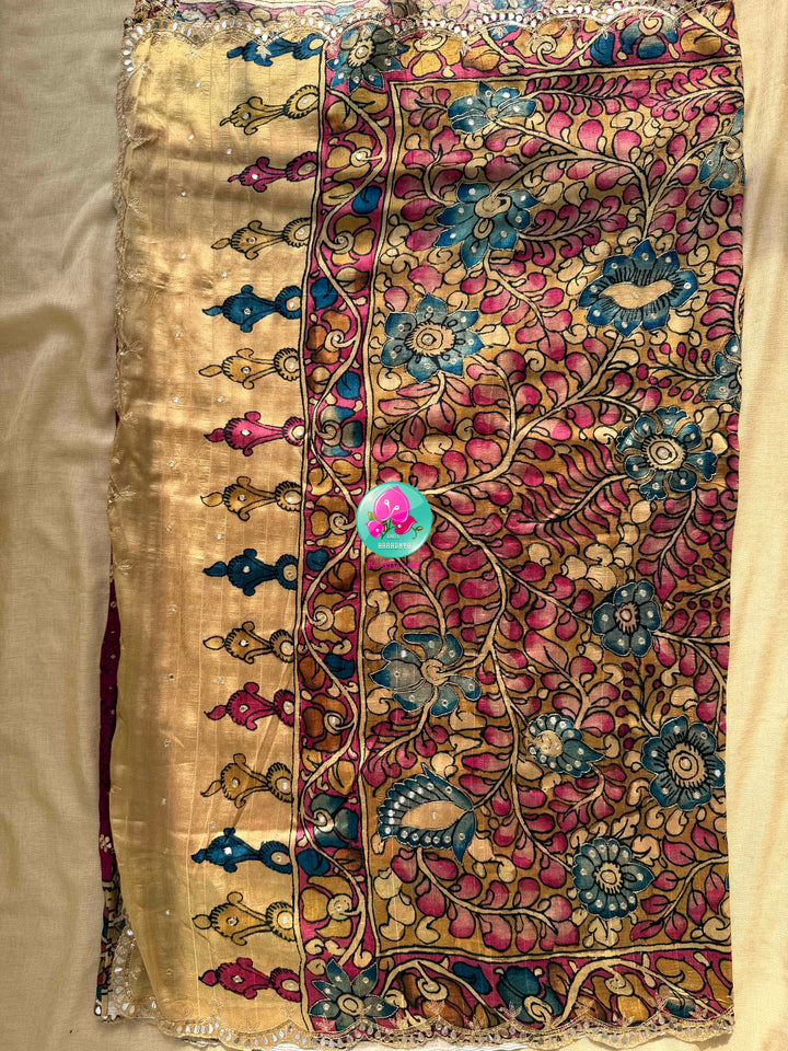 The Magenta Bloom: Semi Tussar Kalamkari & Bandhani Fusion Saree with stitched blouse