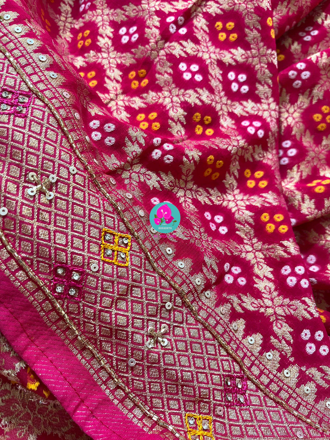 Hand embroidered georgette saree in Bandhani style with designer blouse