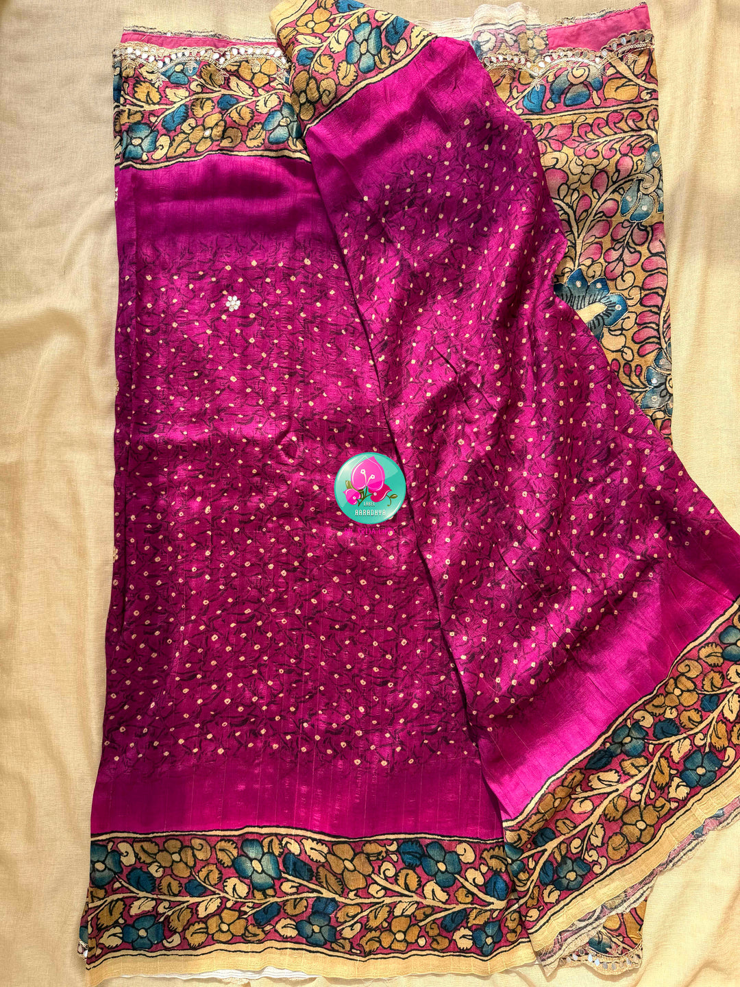 The Magenta Bloom: Semi Tussar Kalamkari & Bandhani Fusion Saree with stitched blouse
