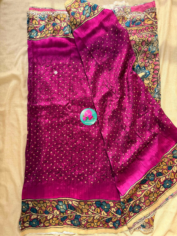 The Magenta Bloom: Semi Tussar Kalamkari & Bandhani Fusion Saree with stitched blouse