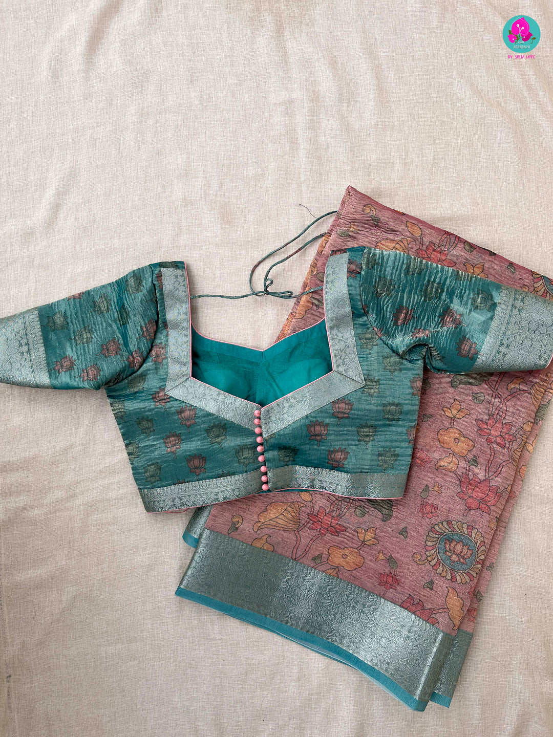 Onion Pink Floral Crushed Tissue Silk Saree with blouse