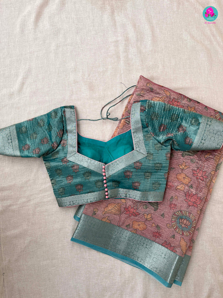 Onion Pink Floral Crushed Tissue Silk Saree with blouse