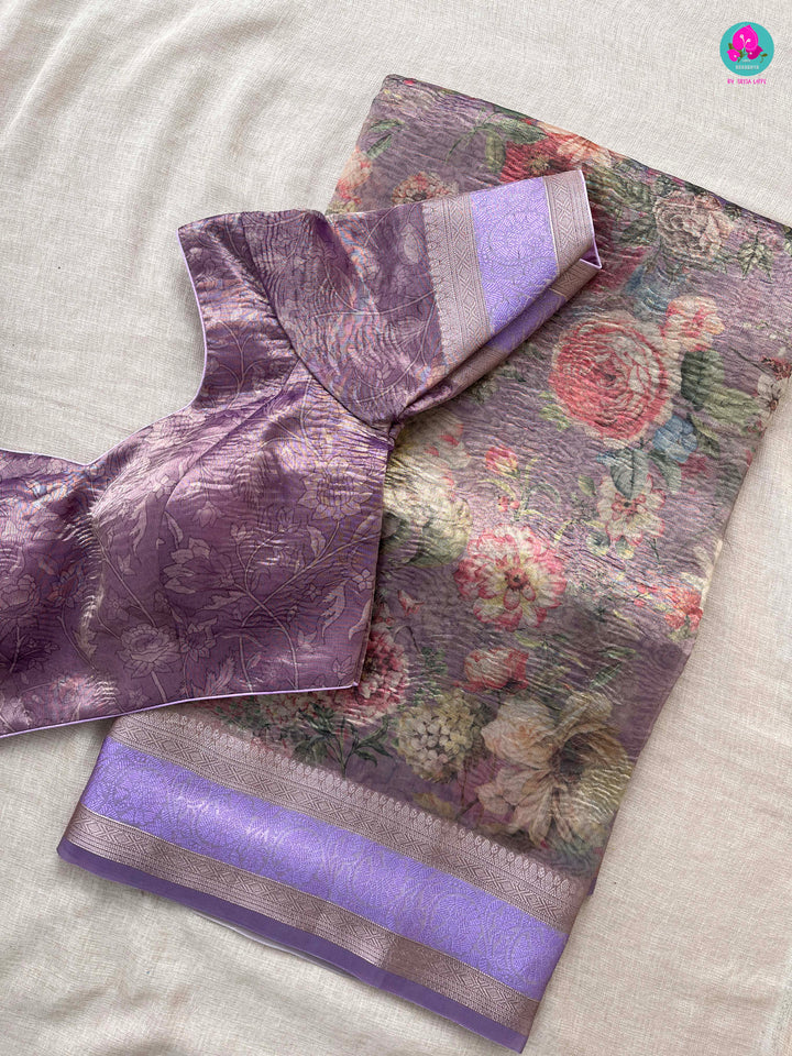 Lavender Floral Crushed Tissue Silk Saree with blouse