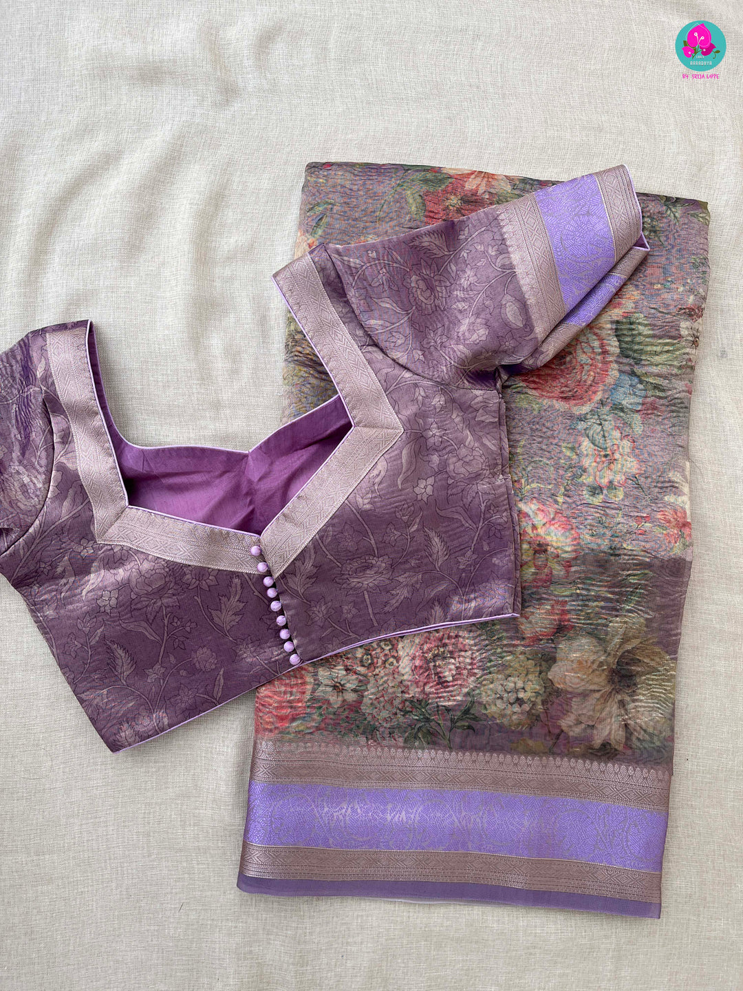 Lavender Floral Crushed Tissue Silk Saree with blouse