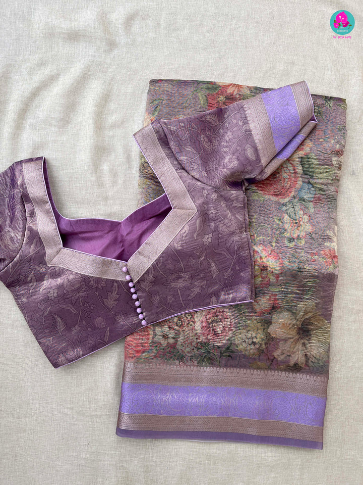 Lavender Floral Crushed Tissue Silk Saree with blouse