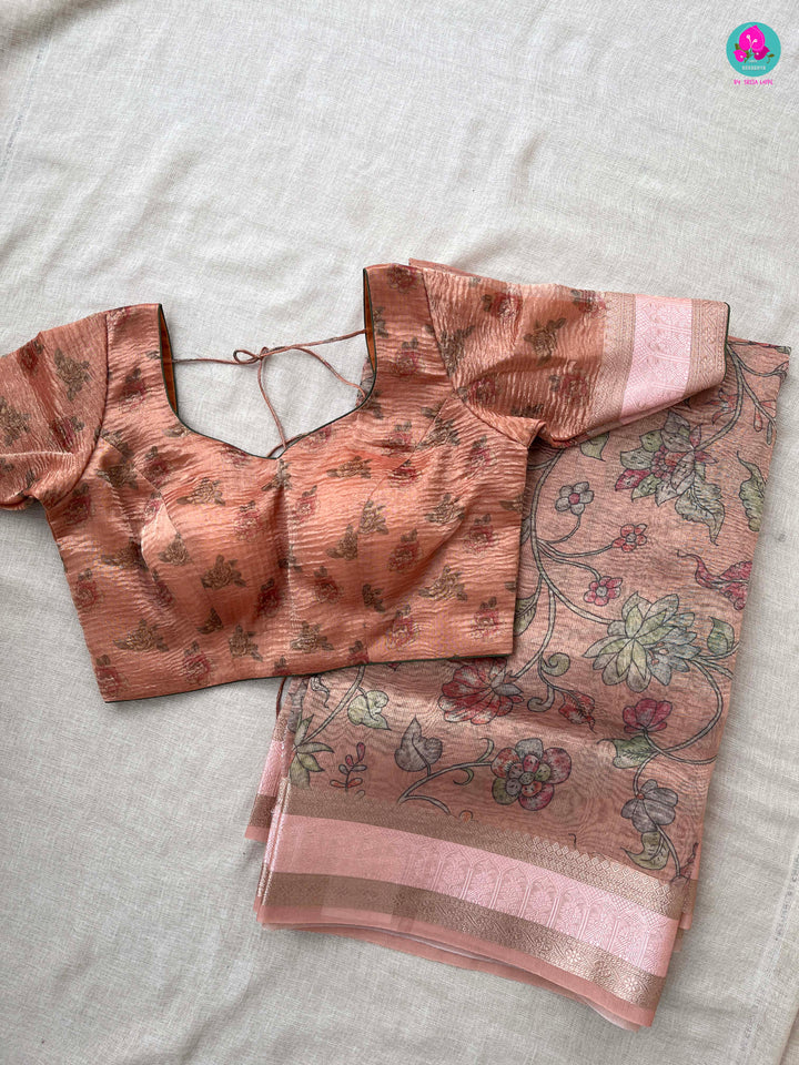 Peach Floral Crushed Tissue Silk Saree with blouse
