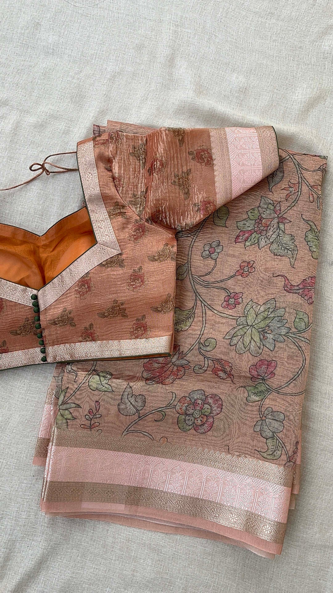 Peach Floral Crushed Tissue Silk Saree with blouse