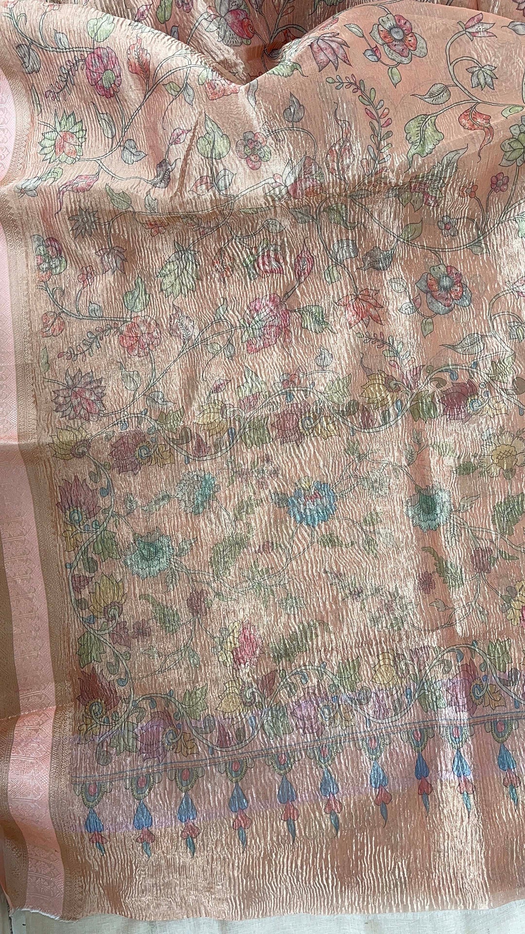 Peach Floral Crushed Tissue Silk Saree with blouse