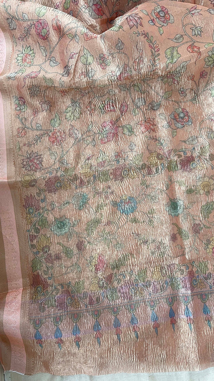 Peach Floral Crushed Tissue Silk Saree with blouse