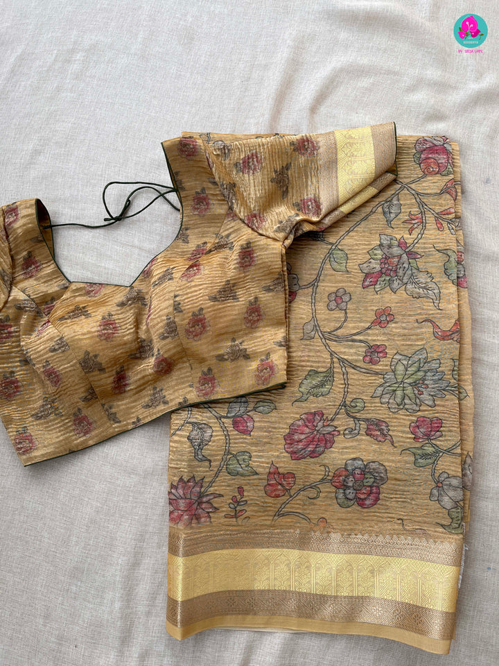 Yellow Floral Crushed Tissue Silk Saree with blouse