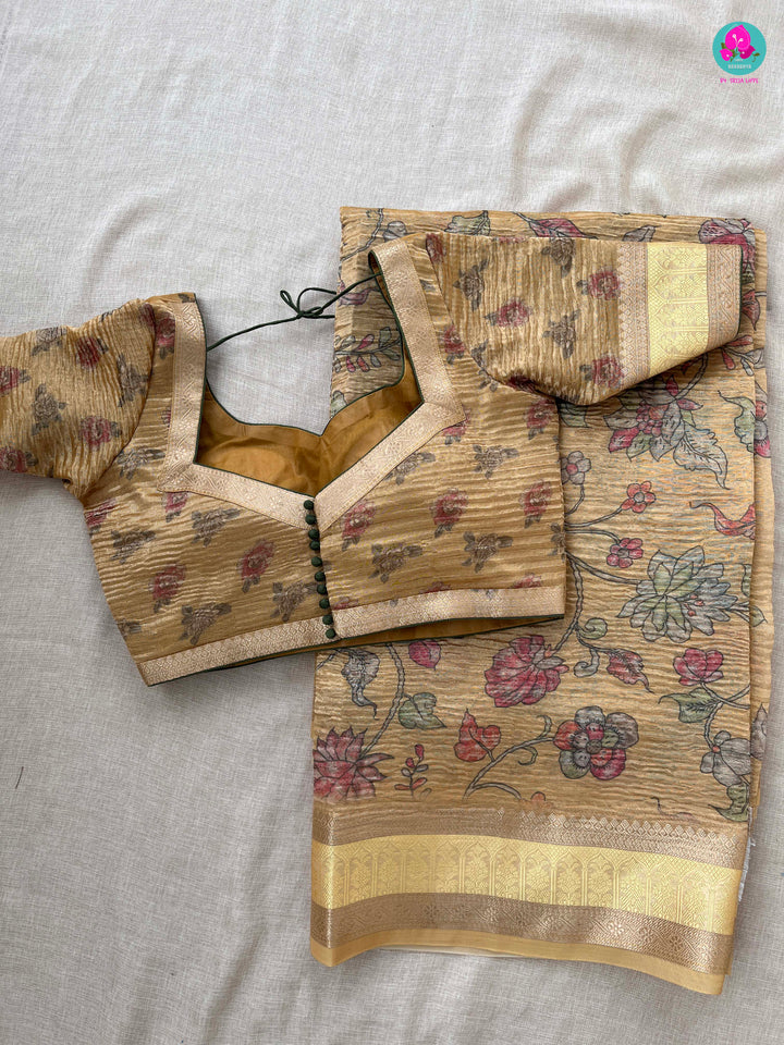 Yellow Floral Crushed Tissue Silk Saree with blouse