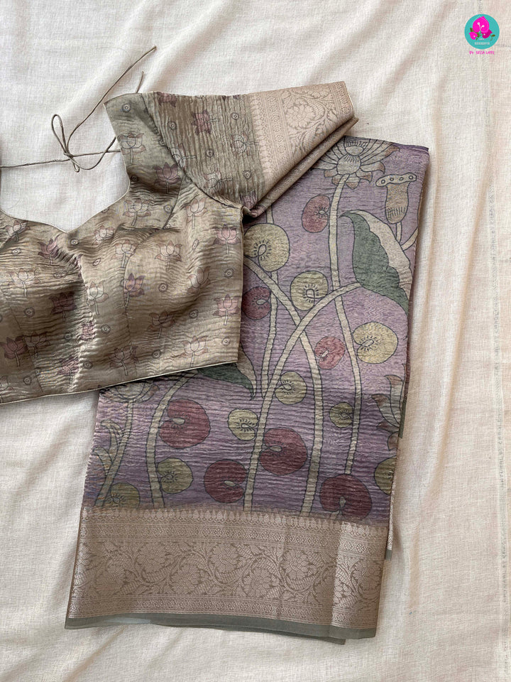 Pastel Lavender Floral Crushed Tissue Silk Saree with blouse