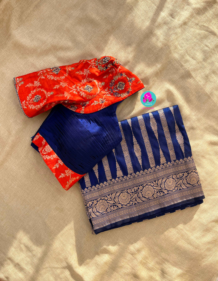 Pure Benarasi katan silk saree with pure Benarasi pleated maggam work blouse