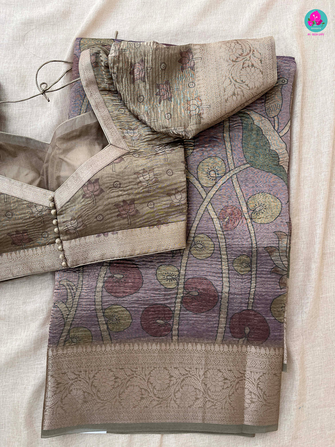 Pastel Lavender Floral Crushed Tissue Silk Saree with blouse