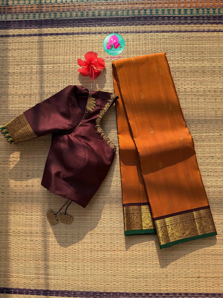 The Amber Embers: Vintage Rust Kanchipattu Saree with Deep Brown Hand-Embroidered Artistry