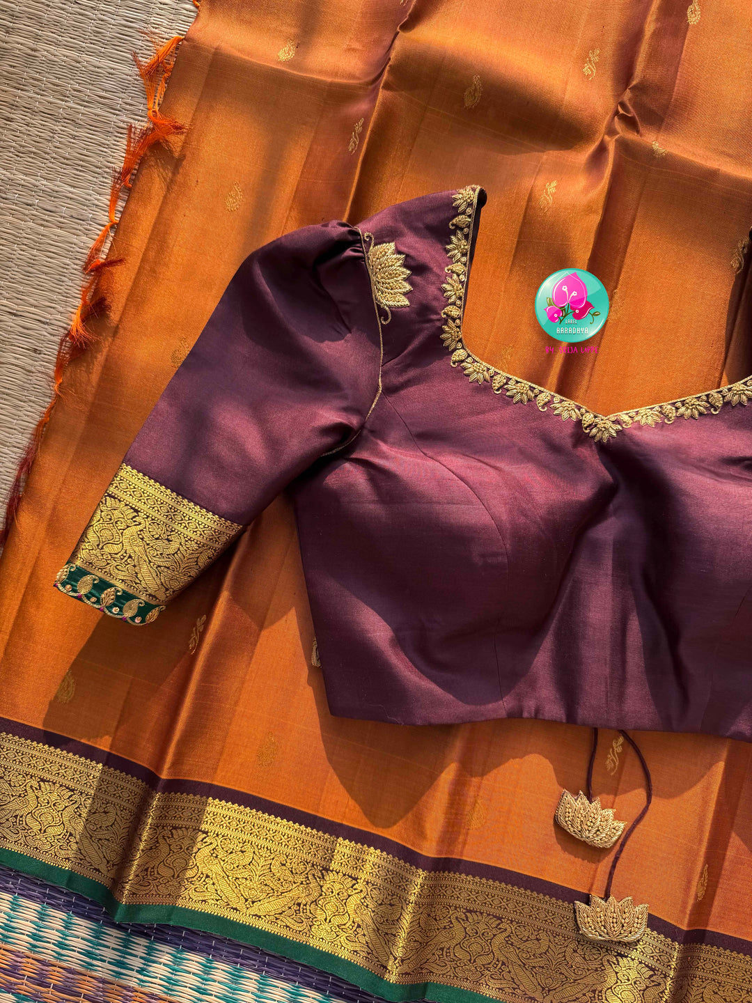 The Amber Embers: Vintage Rust Kanchipattu Saree with Deep Brown Hand-Embroidered Artistry