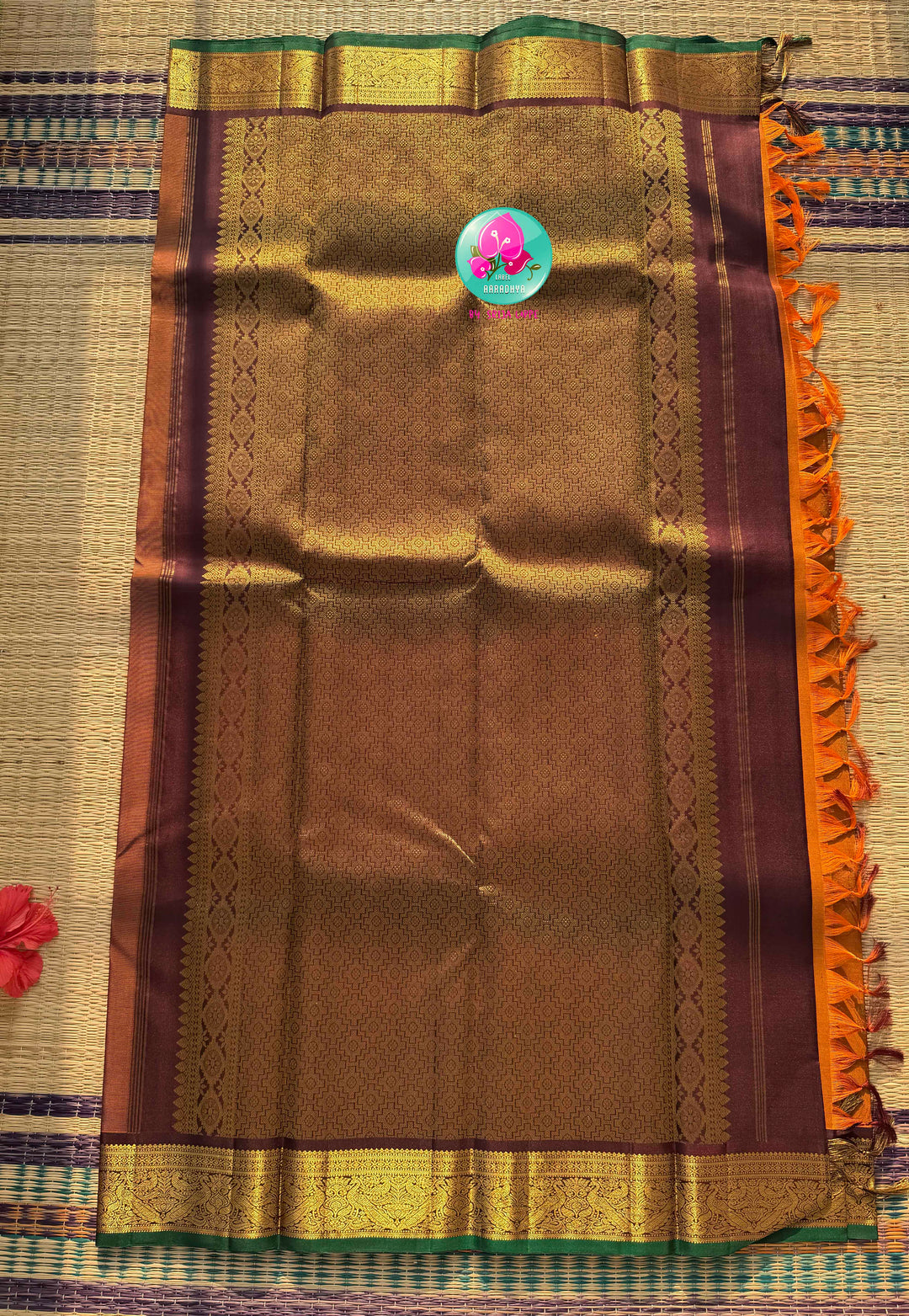 The Amber Embers: Vintage Rust Kanchipattu Saree with Deep Brown Hand-Embroidered Artistry