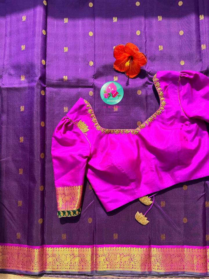 The Royal Orchid: Purple Kanchipattu Saree with Radiant Magenta Artistry