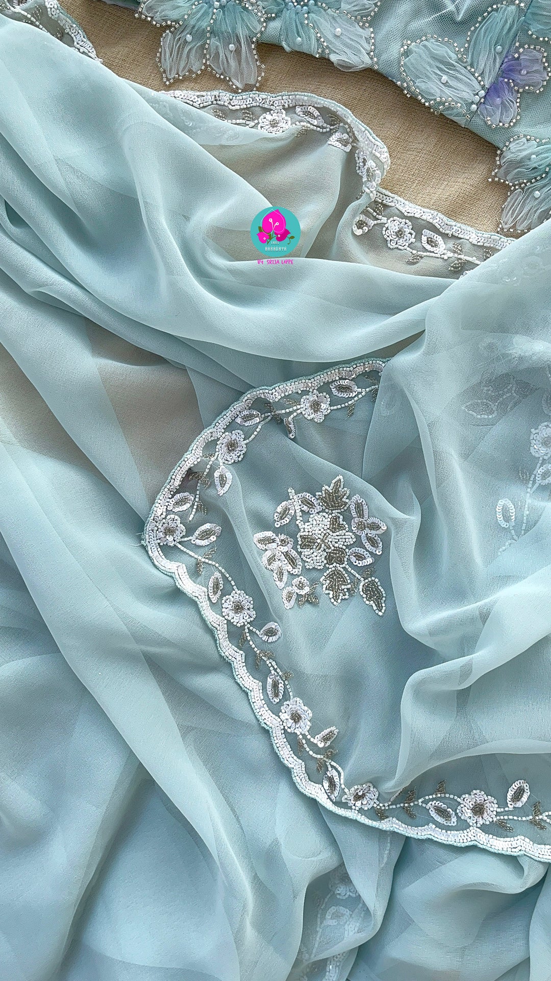 Hand embroidered georgette Ariel saree with Embellished Net Fashion Blouse
