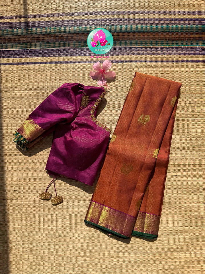 The Golden Ember: Pure Vaira Oosi Kanchipattu Saree in Rust Orange with Dark Magenta Artistry