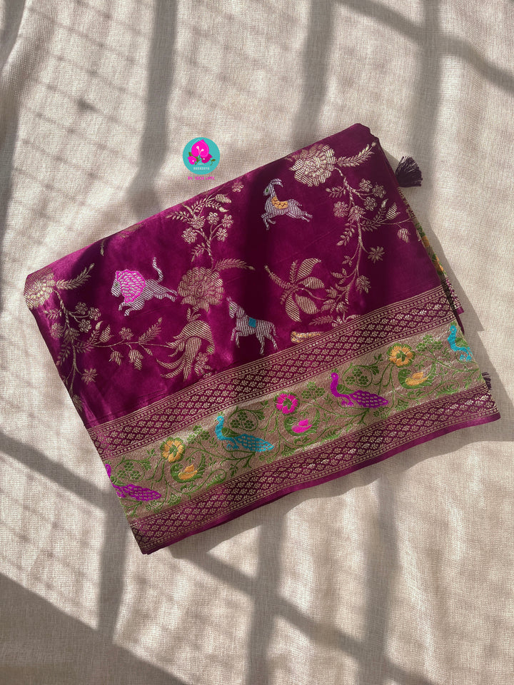 Maroon Shikargah Satin silk saree