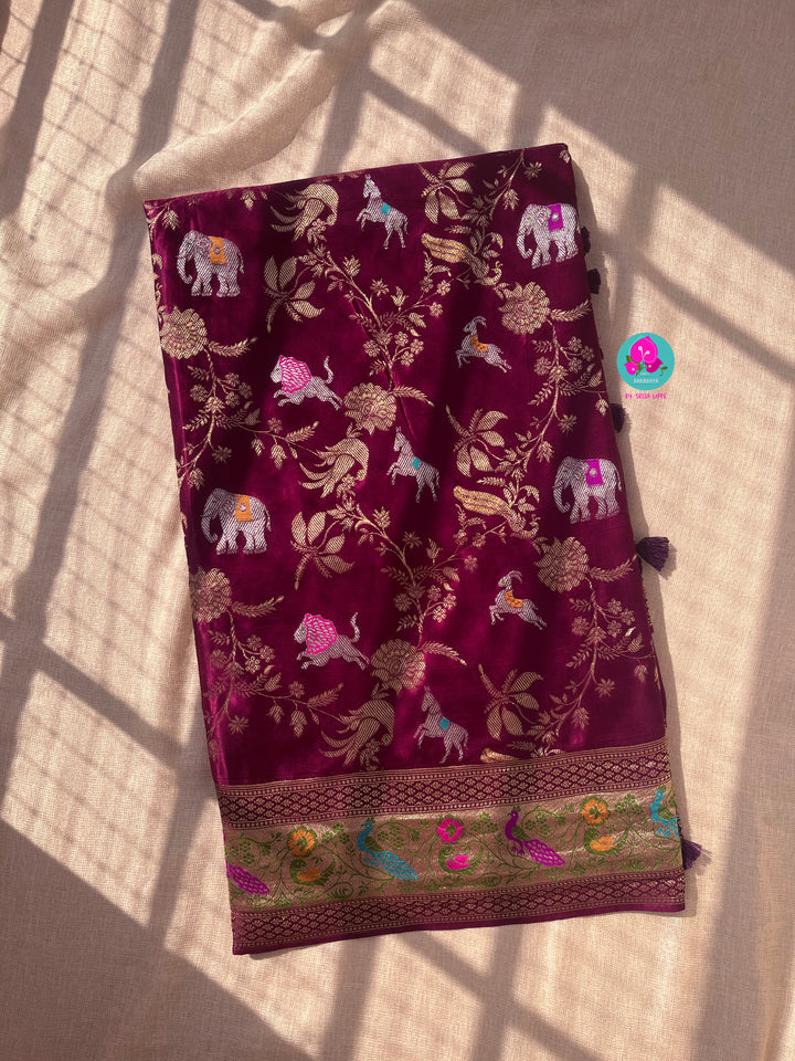 Maroon Shikargah Satin silk saree