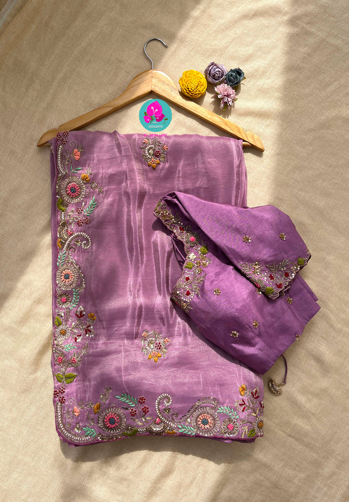 Hand embroidered soft and flowy tissue georgette saree with hand embroidered blouse