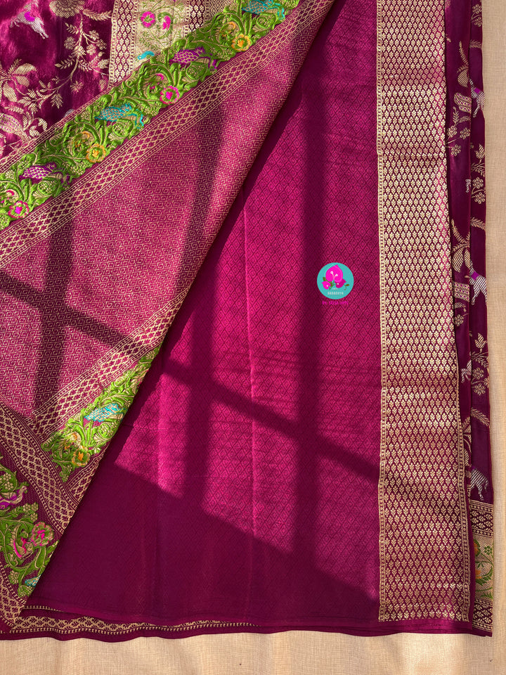 Maroon Shikargah Satin silk saree