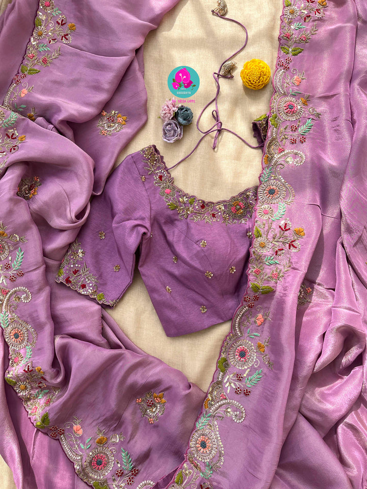 Hand embroidered soft and flowy tissue georgette saree with hand embroidered blouse